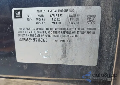 2015 Chevrolet Cruze Ls Auto z USA, uszkodzony, nr VIN 1G1PA5SH2F7160370